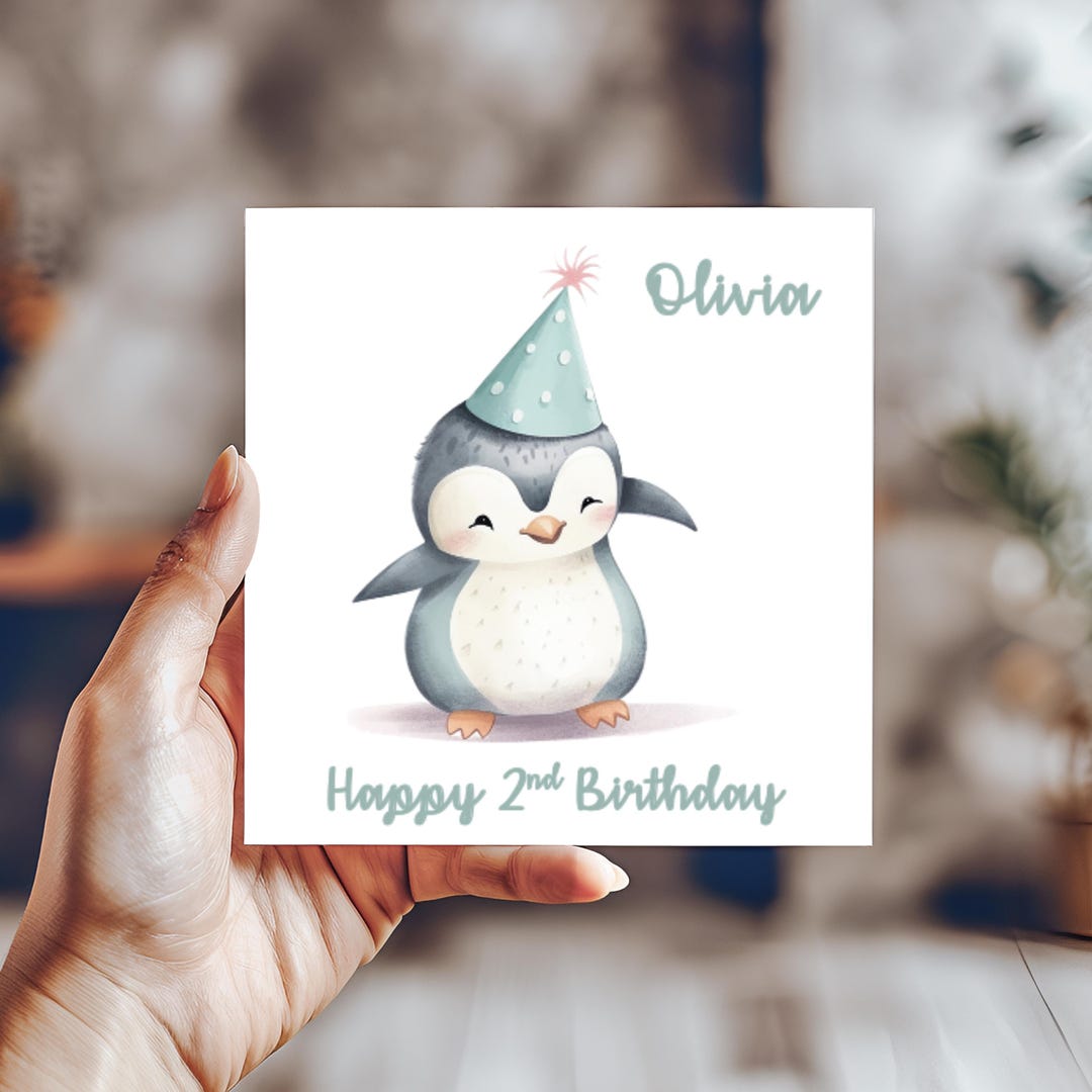 Happy Birthday, 1st Birthday Card, First Birthday Card, Penguin Card, Baby Birthday, Birthday Balloons