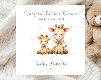 Personalised Big Sister/ Brother Giraffes Card - New Baby Sibling Card