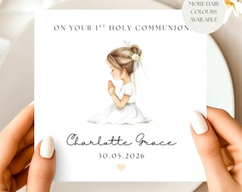 Personalised First Holy Communion Card - Custom Name & Date, Catholic Communion Card for Girl, Handmade Religious Keepsake Card