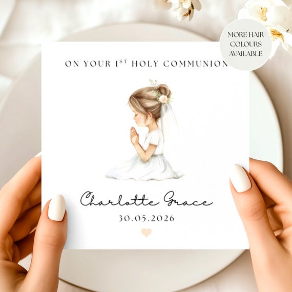 Personalised First Holy Communion Card - Custom Name & Date, Catholic Communion Card for Girl, Handmade Religious Keepsake Card
