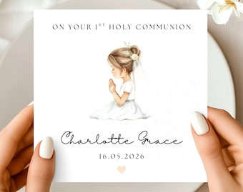 Personalised First Holy Communion Card - Custom Name & Date, Catholic Communion Card for Girl, Handmade Religious Keepsake Card