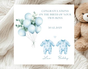 Personalised Twin Boys Baby Card, New Arrival Congrats