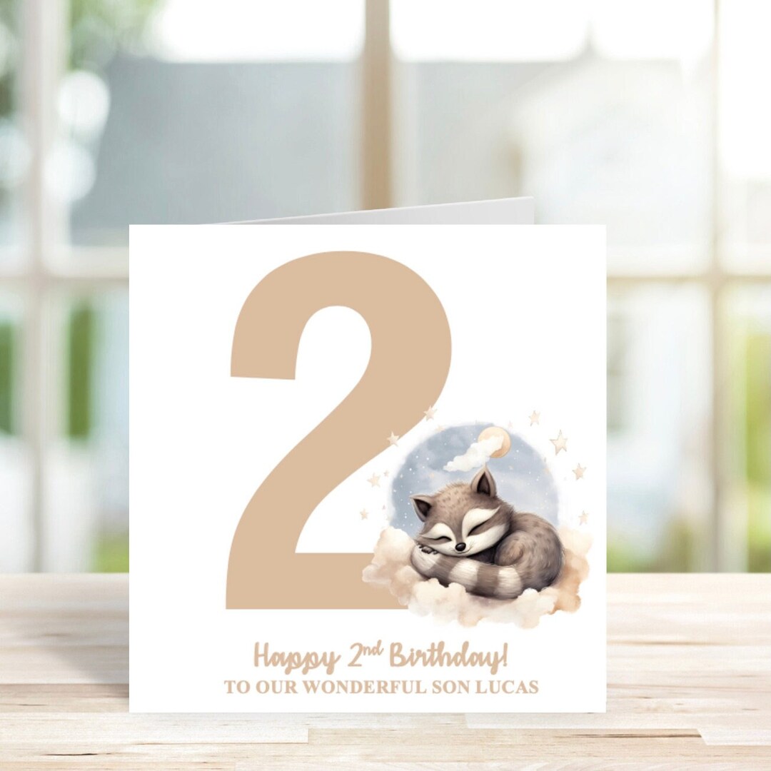 Personalised Racoon Age Birthday Card, Child Age Card, 1st, 2nd, 3rd