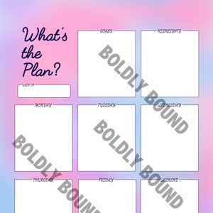Könnte beinhalten: Ein druckbarer Wochenplaner mit einem rosa-blauen Farbverlaufshintergrund. Der Planer hat Abschnitte für Ziele, Highlights, Montag bis Freitag und Wochenende. Der Text "What's the Plan?" befindet sich oben auf dem Planer.