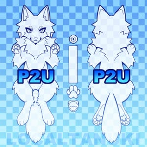 Pode incluir: Ilustração digital de um personagem semelhante a um lobo, vista frontal e traseira. O personagem é branco com contornos azuis e o texto "P2U" em azul. O fundo é um padrão xadrez azul claro.