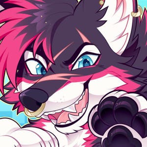 May include: A digital illustration of a wolf-like character with black, white, and pink fur. The character has blue eyes, a gold nose ring, and a wide grin, showing its teeth. The character is holding up a paw with black pads.