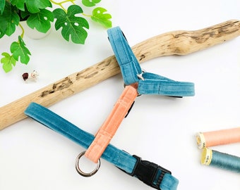May include: A teal and peach velvet dog harness with a silver D-ring and a black plastic buckle.