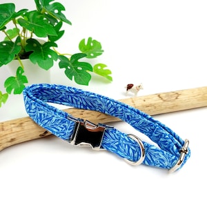 May include: A blue dog collar with a white leaf pattern and a silver buckle.