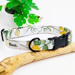 May include: White dog collar with a floral print featuring yellow flowers and green leaves. The collar has a black buckle and the text "Buzi." printed on the collar.