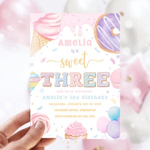 Three Is Sweet Birthday Invitation | Third Birthday Girl Invitation | Pastel Sweets Invite | Donut Cream Cupcake Sweet Dessert Invite SB1