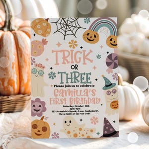 Editable Trick Or Three Invite, Halloween Ghost 3rd Birthday Girl Invitation, Retro Groovy Ghost Birthday, Hippie Halloween Instant Download