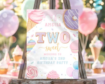 Two Sweet Candy Pastel Welcome Sign, Editable Two Sweet Poster Template | Pastel Candy Sweets Donut Two Sweet Poster Editable Template