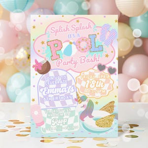 Invitación con diseño de parche preppy, invitación de cumpleaños para fiesta en la piscina retro, descarga de invitación editable para preadolescentes, plantilla de invitación para fiesta en la piscina preppy