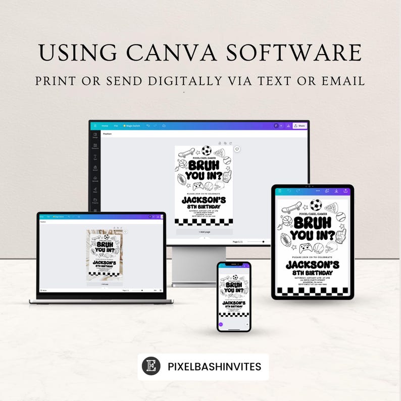 Puede incluir: Dise&ntilde;o de invitaci&oacute;n digital que se muestra en varios dispositivos, incluyendo un port&aacute;til, un monitor de escritorio, una tableta y un smartphone. La invitaci&oacute;n presenta el texto "BRUH YOU IN?" y "JACKSON'S 8TH BIRTHDAY" con gr&aacute;ficos tem&aacute;ticos deportivos.