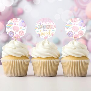 Four Ever Sweet Birthday Cupcake Topper | Pastel Sweets 4th Birthday Topper | Donut Ice Cream Cupcake Sweet Dessert Topper SB1