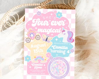 Editable Unicorn Invitation Four Ever Magical Birthday Invite Preppy Sparkle  Retro 4th Birthday Pastel Rainbow Sparkle Pink Girl Template