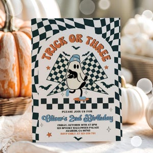 Editable Trick Or Three Invite, Halloween Ghost 3rd Birthday Girl Invitation, Retro Groovy Ghost Birthday, Hippie Halloween Instant Download