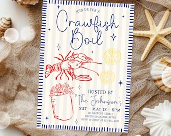 Peut inclure: Une invitation rayée bleu et blanc pour un « crawfish boil ». L'invitation représente un écrevisse rouge, un seau d'écrevisses et des citrons. Le texte sur l'invitation indique « Join us for a crawfish boil », « Hosted by The Johnson's », « Sat - May 12 - 5pm », « 123 Seafood Street », « Houma Louisiana 98765 » et « RSVP to Emily at 123-456-7891 ».