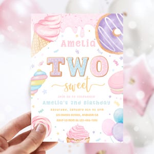 Invitation d'anniversaire douce | Invitation fille deuxième anniversaire | Invitation de bonbons pastel | Donut Crème glacée Cupcake Dessert sucré Invitation SB1