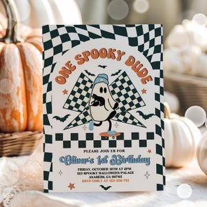 Bearbeitbar Ein Spooky Dude Geburtstagseinladung Halloween Junge 1. Geburtstag einladen Erster Geburtstag Sofortiger Download Spooky One Skateboard Geist