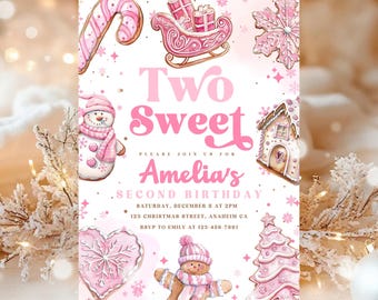 Two Sweet Cookie Invitation | Girl Christmas Cookie 2nd Birthday Invitation | Cookie Decorating Baking Invitation | Second Birthday Invite