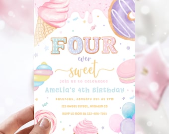 Four Ever Sweet Birthday Invitation | 4th Birthday Girl Invitation | Pastel Sweets Invite | Donut Ice Cream Cupcake Sweet Dessert Invite SB1