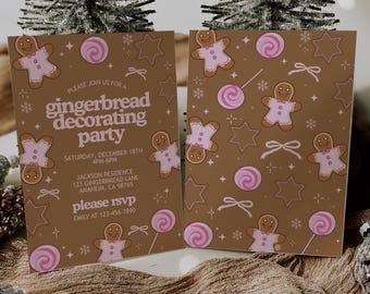 Gingerbread House Decorating Party Invite Template Printable Pink Christmas Coquette Party Editable Holiday Party Gingerbread Xmas Invites