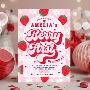 Berry First Birthday Invitation Template | Berry First Birthday Invite | First Birthday Invitation | Strawberry Birthday Invite SBB1