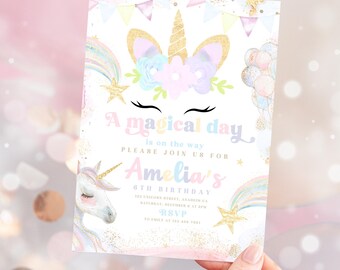 Unicorn Birthday Invitation Template | Gold Unicorn Invitation | Pastel Rainbow Unicorn Girls Invite | Magical Day Birthday Invitation