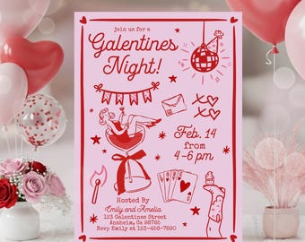 Editable Galentine's Day Invitation Galentine's Girls Night Party Invite Valentine's Day Doodle Hand Drawn Dinner Lunch Bow Girl Coquette