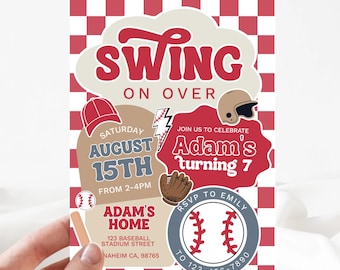 Invito per festa di compleanno a tema baseball Invito per festa di compleanno sportivo Swing on Over Rookie of the Year Qualsiasi età Retro Sport Modificabile Stampabile