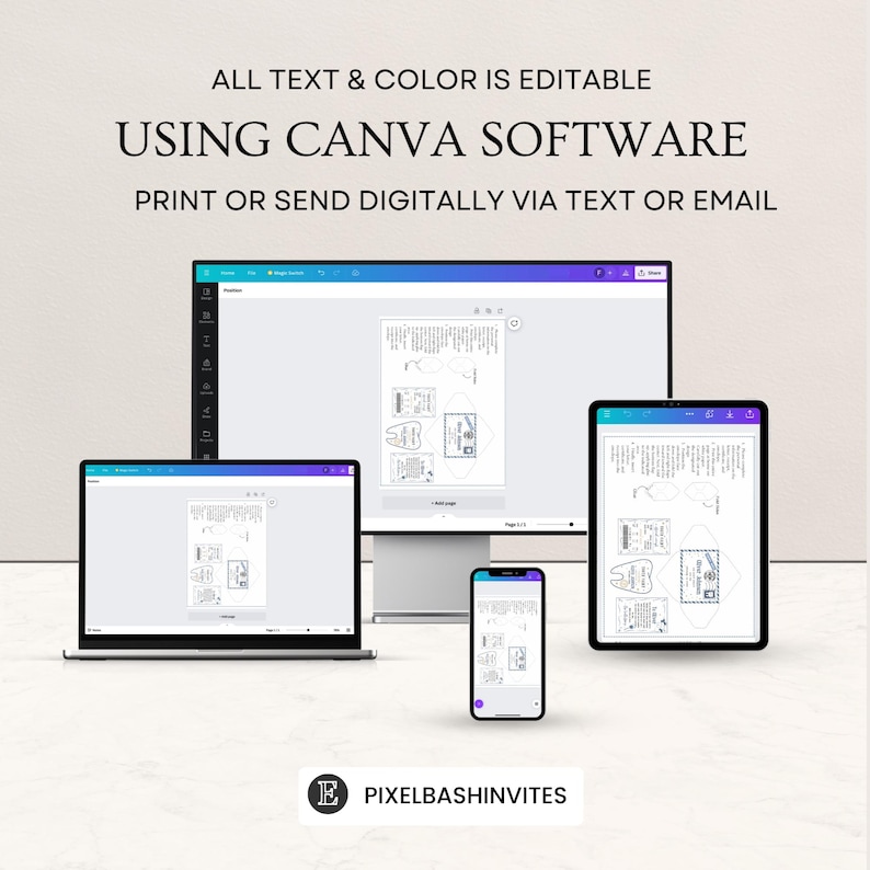 May include: A mockup showing how a printable invitation design can be edited using Canva software on a desktop computer, laptop, tablet, and smartphone. The design features a tooth with a speech bubble and the text "Happy Tooth Day!"