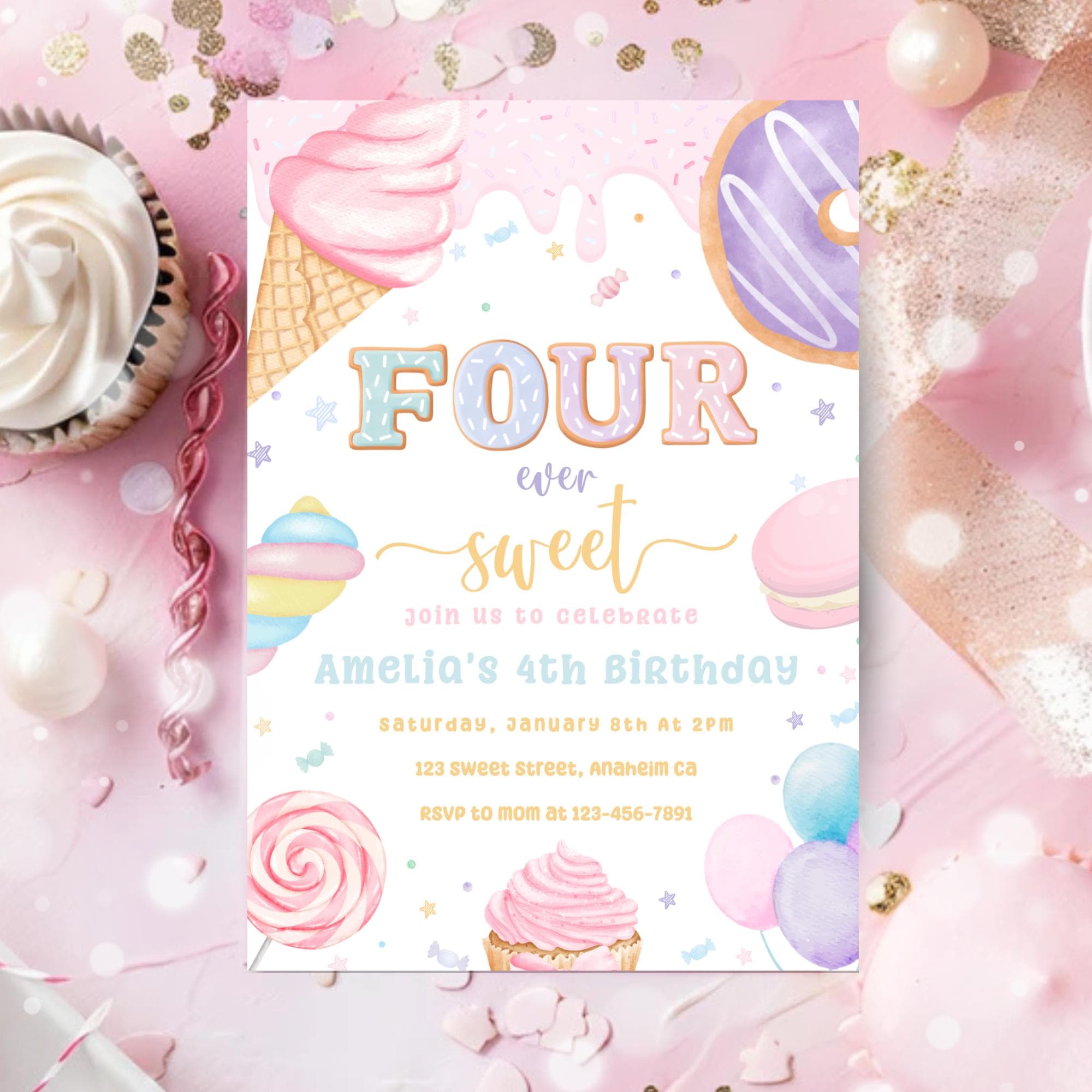 First Ever Sweet Four Ever Sweet Birthday Invitation | 4th Birthday Girl Invitation ...