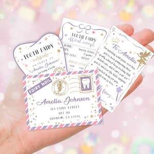 Mini carta editable para el Hada de los Dientes, carta para el Hada de los Dientes, recibo para el Hada de los Dientes, certificado para el Hada de los Dientes y plantilla de sobre para el Hada de los Dientes