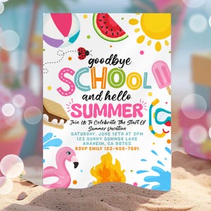 Plantilla de invitación para fiesta de fin de curso, despedida de clases, invitación para fiesta de verano, invitación para fiesta de verano bajo el sol, invitación editable para fiesta en la piscina