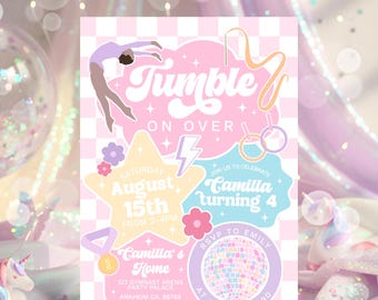 Editable Gymnastics Invitation Gymnastics Birthday Invite Preppy Retro Gymnastics Invitations Gymnastics Party Template Pink Girl Invitation