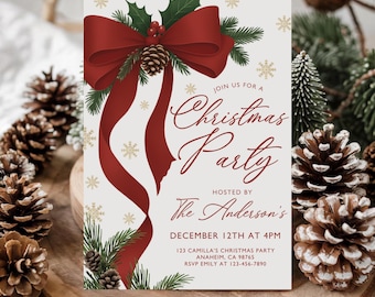 Christmas Bow Christmas Party Invitation Template for Editable Red Ribbon Holiday Party Invite Elegant Xmas Family Friend Office Party Evite