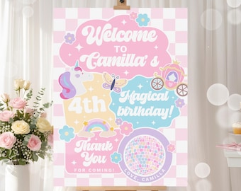 Editierbare Einhorn-Willkommensvorlage Magisches Geburtstagsposter Preppy Sparkle Retro Geburtstag Pastellregenbogen-Sparkle-Mädchen-Willkommensschild-Vorlage