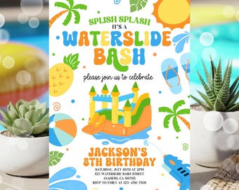 Water Slide Birthday Invitation, Water Slide Invitation, Summer Pool Party Invite, Splish Splash Boy Pool Party Invite, Waterslide Invite