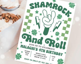 St. Patrick's Day Birthday Invitation | Shamrock and Roll Retro Party Invite |  Green Lucky Birthday Boy | Any Age Editable Download