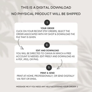 May include: A digital download instruction guide with three steps: 1. Your Order, 2. Edit and Download, 3. Print & Send. The guide explains how to access and download a digital product purchased on Etsy.