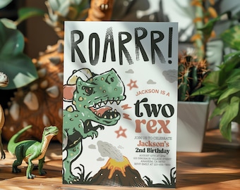 Dinosaur 2nd Birthday Invite Dino Birthday Invitation Retro Dinosaur Party Invitation Two Rex Dinosaur Boy Invitation Boy Dinosaur Template