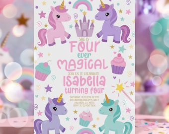 Editable Unicorn 4th Birthday Invitation Magical Pastel Rainbow Unicorn Fourth Birthday Girl Party Whimsical Fairytale Unicorn Pink Template