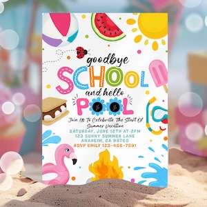 Plantilla de invitación para fiesta de fin de curso, despedida de clases, invitación para fiesta de verano, invitación para fiesta de verano bajo el sol, invitación editable para fiesta en la piscina