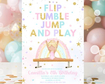 Glitter Gymnastics Invitation, Gymnastics Birthday Invite, Pastel Gold Gymnastics Invitations, Gymnastics Party Template, Girl Invitation