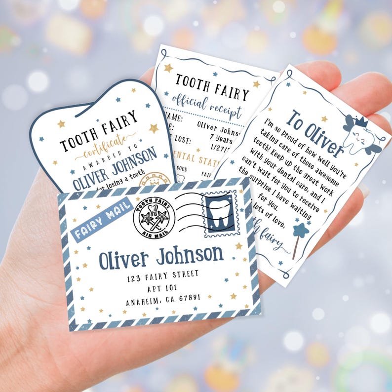 May include: A set of three tooth fairy cards with a blue and gold color scheme. The cards feature a tooth fairy certificate, a tooth fairy receipt, and a note from the tooth fairy. The cards are decorated with stars and a tooth fairy graphic. The text on the cards reads "Tooth Fairy Certificate Awarded to Oliver Johnson for losing a tooth", "Tooth Fairy Official Receipt Name: Oliver Johns Lost: 7 Years 1/27/ Dental Status: Good Fair", and "To Oliver I'm so proud of how well you're taking care of those awesome teeth! Keep up the great work with your dental care, and I can't wait for you to receive the surprise I have waiting for you. Lots of love, Tooth Fairy".