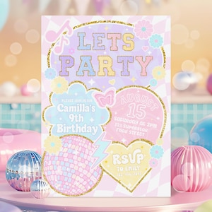 Digital Editable Preppy Patch Letter Invitation, Retro Varsity Patch Birthday Invitation, Let’s Party Tween Girl Editable Invite Download