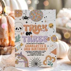 Editable Trick Or Three Invite, Halloween Ghost 3rd Birthday Girl Invitation, Retro Groovy Ghost Birthday, Hippie Halloween Instant Download