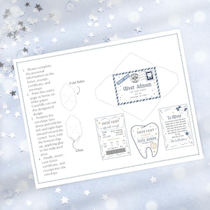 May include: A printable tooth fairy envelope kit with instructions on how to fold and glue the envelope. The kit includes a tooth fairy certificate, a letter from the tooth fairy, and a tooth fairy envelope with a blue and gold design. The envelope is addressed to Oliver Johnson.