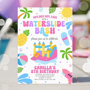 Water Slide Birthday Invitation, Water Slide Invitation, Summer Pool Party Invite, Splish Splash Girl Pool Party Invite, Waterslide Invite